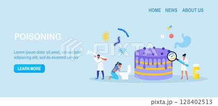 Woman with symptoms of food poisoning is holding a sick stomach. Nausea, intoxication. Inspector doing quality control of food. Food poisoning from poor quality cake. Pathogenic microorganisms Woman with symptoms of food poisoning is holding a sick stomach. Nausea, intoxication. Inspector doing quality control of food. Food poisoning from poor quality cake. Pathogenic microorganisms 128402513