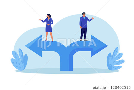 Different business direction, team conflict. Opposite decision, disagreement. Conflict of interest. Business people confrontation. Businessmen standing on arrows in opposite positions 128402516