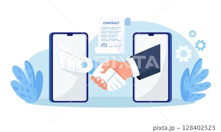 Businessman is shaking hands with an AI robot. Partnership between man, humanoid robots. Online collaboration between human, artificial intelligence. Contract with cyborg, future machine 128402523