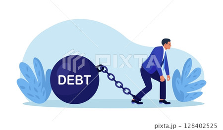 Businessman chained to heavy debt weight with shackles. Financial crisis, obligation burden. Depressed exhausted worker tied by chain to huge dumbbell. Debtor pulling his debt. Tax, fee and bankruptcy 128402525