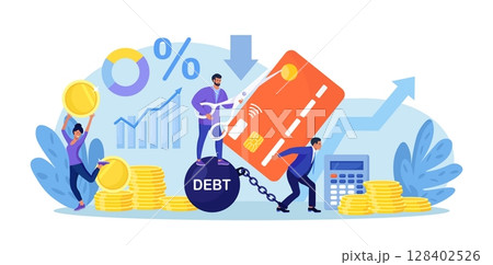 Reduce debt. Banker cuts credit card of borrower with scissors. Money debt deliverance and finance freedom. Businessman helped debtor to solve financial problems. Man freed from monetary obligations 128402526