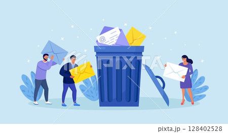 Tiny people deleting data and move unnecessary files to trash bin. Cleaning digital memory, cleaning e-mail, remove spam. Man holding envelope with letter or message. User deleting email to waste bin 128402528