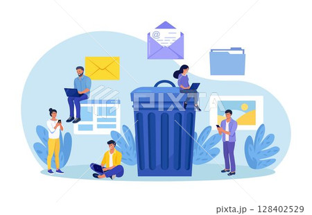 Delete file. Cleaning digital memory. User removing folder with document to waste bin. People deleting data, move unnecessary files to trash bin. Person cleaning mailbox from spam with mobile app 128402529