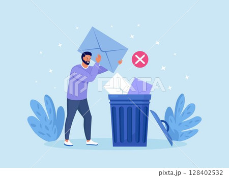 Tiny man deleting data and move unnecessary files to trash bin. Cleaning digital memory, cleaning e-mail, remove spam. Guy holding envelope with letter or message. User deleting email to waste bin 128402532