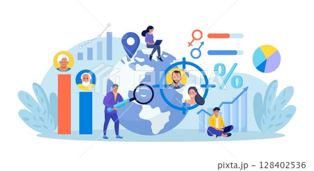 Overpopulation, human crowd density growth on earth. Demographic statistics data for elderly people. Sociology. Demography, migration. Scientist studying population growth, analyze demographics data 128402536