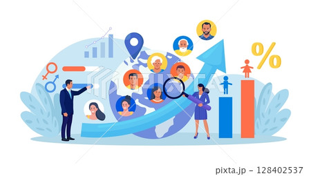 Overpopulation, human crowd density growth on earth. Demographic statistics data for population. Demography and migration. People movement. Social analysis with demographics, culture, ethnicity data 128402537