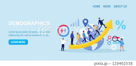 Overpopulation, human crowd density growth on earth. Demographic statistics data for population. Demography and migration. People movement. Social analysis with demographics, culture, ethnicity data 128402538