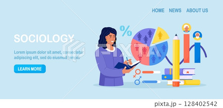 Sociology, demography. Scientist study of society, social relationship and culture. Statistics and sociological survey analysis. Political science and social studies. Social analysis, demographics 128402542