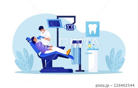 Stomatology, dental clinic. Dentist appointment, dentistry checkup, oral care procedures. Patient dental examination. Doctor in uniform treating human teeth using medical equipment. Caries treatment 128402544