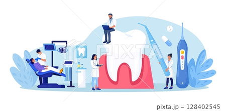 Dentist appointment, stomatology. Dental checkup, teeth care procedures. Teeth whitening and professional cleaning. Cosmetic dentistry. Dentist doctor in uniform treating tooth using medical equipment 128402545