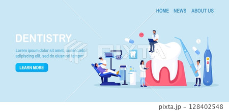 Dentist appointment, stomatology. Dental checkup, teeth care procedures. Teeth whitening and professional cleaning. Cosmetic dentistry. Dentist doctor in uniform treating tooth using medical equipment 128402548