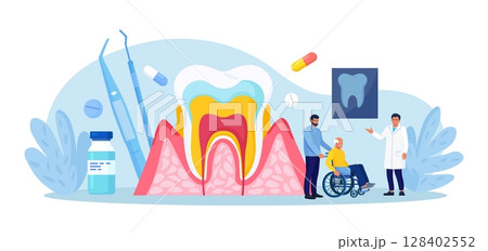 Periodontal disease. Doctor dentist checking tooth, examines patient with periodontitis. Dentistry and healthy teeth. Hygiene oral care. Stomatology. Medical dental checkup. Inflammatory gum disease Periodontal disease. Doctor dentist checking tooth, examines patient with periodontitis. Dentistry and healthy teeth. Hygiene oral care. Stomatology. Medical dental checkup. Inflammatory gum disease 128402552