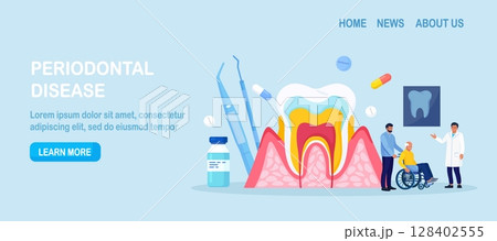 Periodontal disease. Doctor dentist checking tooth, examines patient with periodontitis. Dentistry and healthy teeth. Hygiene oral care. Stomatology. Medical dental checkup. Inflammatory gum disease Periodontal disease. Doctor dentist checking tooth, examines patient with periodontitis. Dentistry and healthy teeth. Hygiene oral care. Stomatology. Medical dental checkup. Inflammatory gum disease 128402555