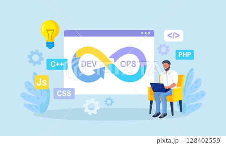 DevOps concept. Programmers practice of development and software operations. Developer working on operations process, technical support, programming code. Programmer using devOps method. Vector design DevOps concept. Programmers practice of development and software operations. Developer working on operations process, technical support, programming code. Programmer using devOps method. Vector design 128402559