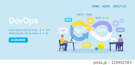 DevOps concept. Programmers practice of development and software operations. Developer working on operations process, technical support, programming code. Programmer using devOps method. Vector design 128402565