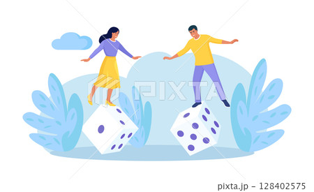 Dice game as risky business choice. Investor man trying to balance himself on spinning unstable dice. Uncertainty, possibility of losing money or make profit from investment. Business risk, gambling 128402575