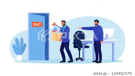 Bankrupt boss dismisses employee. Fired sad person leaves the office with stuff in box in his hands. Financial crisis and unemployment. Dismissal and jobless, layoff. Job loss due to crisis 128402579