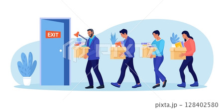 Unhappy Fired People Leaving Office with Stuff in Carton Boxes. Dismissal, Unemployment, Jobless and Employee Job Reduction. Businessman Bankrupt Dismiss Group of Employees. Layoff concept Unhappy Fired People Leaving Office with Stuff in Carton Boxes. Dismissal, Unemployment, Jobless and Employee Job Reduction. Businessman Bankrupt Dismiss Group of Employees. Layoff concept 128402580