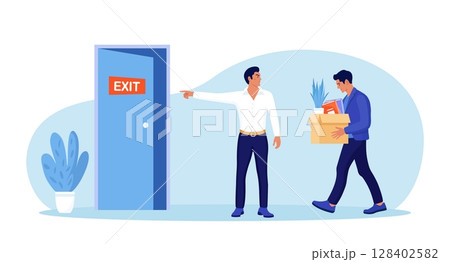 Bankrupt boss dismisses employee. Fired sad person leaves the office with stuff in box in his hands. Financial crisis and unemployment. Dismissal and jobless, layoff. Job loss due to crisis Bankrupt boss dismisses employee. Fired sad person leaves the office with stuff in box in his hands. Financial crisis and unemployment. Dismissal and jobless, layoff. Job loss due to crisis 128402582