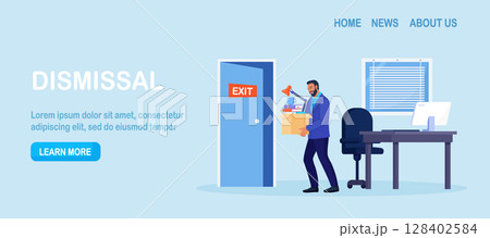 Dismissal, employee replacement. Unhappy man dismissed from job, leave office with stuff in box. Unemployed jobless benefit. Unemployment dismissal of workers. Layoff, crisis, employee job reduction Dismissal, employee replacement. Unhappy man dismissed from job, leave office with stuff in box. Unemployed jobless benefit. Unemployment dismissal of workers. Layoff, crisis, employee job reduction 128402584
