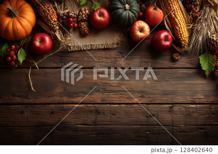 Vibrant Autumn Display with Pumpkins, Apples, Corn, and Decorative Elements for Halloween Theme Vibrant Autumn Display with Pumpkins, Apples, Corn, and Decorative Elements for Halloween Theme 128402640