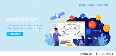 Astronomy, astronomical observation. Pupils at astronomy class in planetarium. Children learning planets, universes. Students studying galaxy through telescope, watching meteors constellation of stars 128402654