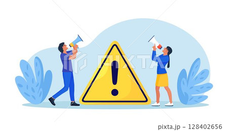 Businessmen holding megaphone with important announcement. Attention or warning information. People shouting breaking news or urgent message, standing near exclamation sign. Marketing and advertising Businessmen holding megaphone with important announcement. Attention or warning information. People shouting breaking news or urgent message, standing near exclamation sign. Marketing and advertising 128402656