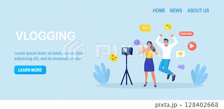 Blogger people make video blog content, channel in social media. Man and woman in front of phone camera recording video to share it in internet. Live streaming, broadcast. Online conferencing Blogger people make video blog content, channel in social media. Man and woman in front of phone camera recording video to share it in internet. Live streaming, broadcast. Online conferencing 128402668