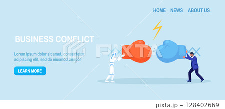 Artificial intelligence vs human. Business competition, conflict. Businessman with the robot collided in battle. People blaming a robot for stealing jobs. Unemployment problem cause by automation 128402669