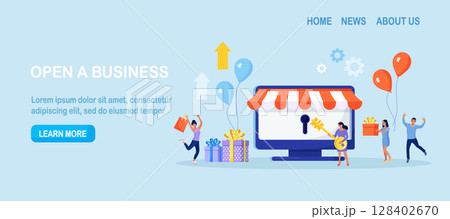 Business owner and entrepreneur start small business or retail shop. New online store, website, account. Woman opens the lock with a key. Grand opening 128402670