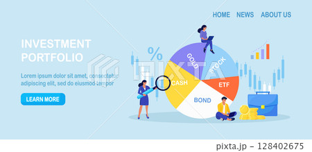 Exchange traded fund, bond, stock, gold. Businessman reviewing diversified investment portfolio. Wealth management, asset allocation. Money question, financial planning. Stock market trading strategy 128402675