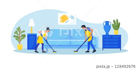 Cleaning service or company. People doing housework. Janitors in uniform washing floor at home. Professional hygiene service for domestic households. Cleaners tiding up apartment room making cleaning 128402676