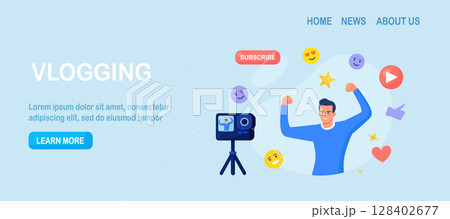 Social media post, blogging. Influencer, blogger make video blog content. Character in front of camera recording video to share it in internet. Live streaming, broadcast. Selfie creative idea 128402677