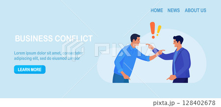 Business conflict, rivalry among colleagues. Two men arguing and fighting. Colleagues debating or misunderstanding. People quarrel and swear. Aggressive characters yell at each other 128402678