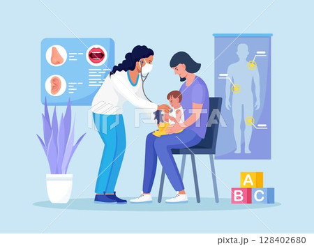 Checkup at children's doctor, neonatologist in hospital. Pediatrician examines sick kid with stethoscope. Child with mom at pediatrician office. Healthcare, child care, medical check up 128402680