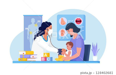 Checkup at children's doctor, neonatologist in hospital. Pediatrician examines sick kid with stethoscope. Child with mom at pediatrician office. Healthcare, child care, medical check up 128402681