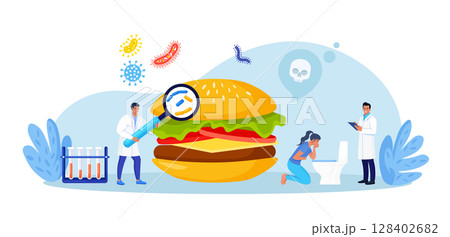 Woman with symptoms of food poisoning is holding a sick stomach. Nausea, intoxication. Inspector doing quality control of fast food. Food poisoning poor quality hamburger. Pathogenic microorganisms 128402682