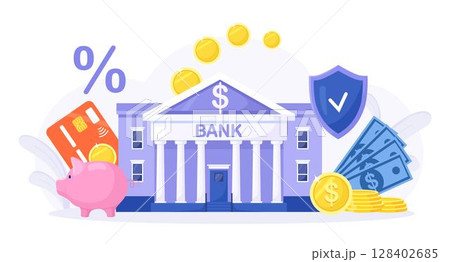 Bank building with cash, piggy bank. Stack of gold coins near Government Finance Department or Tax Office. Bank financing, money exchange, saving, accumulating money. Grant, subsidy, financial support 128402685