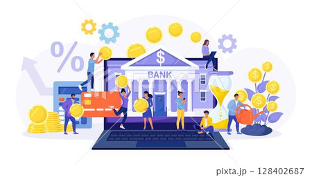 Mobile banking and online payment. People using laptop and smartphone for accounting and investment, financial audit. Bank building exterior on computer screen. Businessman watering money plants 128402687