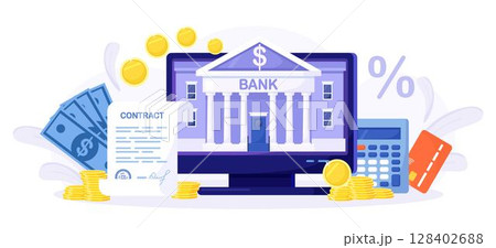 Mobile banking and internet payment. Online bank agreement. Loan contract. Financial building on computer screen. Banking Operation. Financial transactions, payments, money transfers and bank account 128402688