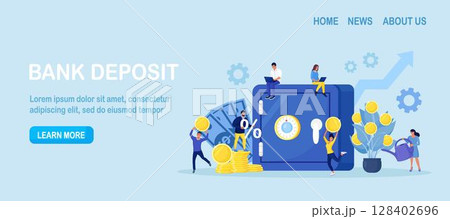 Safe with dollar banknotes, coins in deposit box. Business people investing money on bank account. Cash protection, savings in moneybox. Financial saving insurance concept 128402696