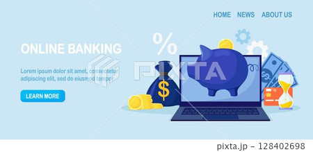 Mobile banking and online bill payment. Piggy bank, credit card, money on laptop screen. E-banking payments. Electronic bank wire transfer, online purchasing and transaction, internet funds transfers Mobile banking and online bill payment. Piggy bank, credit card, money on laptop screen. E-banking payments. Electronic bank wire transfer, online purchasing and transaction, internet funds transfers 128402698