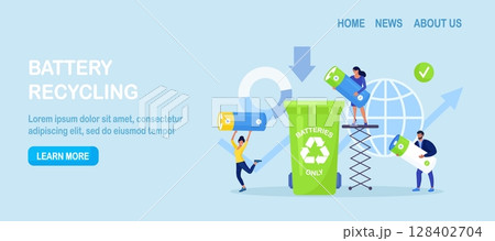 Battery recycle. People put batteries to litter bin, container for recycling and trash separation, practise waste sorting. Ecology environmental conservation. Garbage disposal, clean environment 128402704