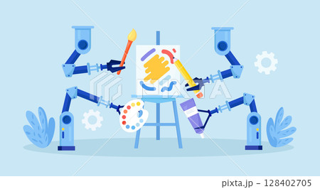 Robot painting to create artwork. Artificial intelligence generating stunning works of art. AI technologies in hobbies. Robotic arm create a painting art controlled by a computer algorithm 128402705