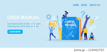 Guide instructions or handbooks. People reading user manual, guidebook or guidance. User manual book. Characters working together with useful information. FAQ 128402707