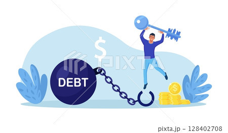 Happy man with big key. Male borrower opened shackles and got rid of debt. Financial freedom, money management. Reduce debt burden. Loan restructuring. Man freed from monetary obligations 128402708