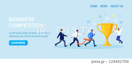 Businessman running to trophy, crossing finish line and tearing ribbon. Business success or achievement, skill or effort to succeed in work. Competitive process in business. Way to achieve the goal 128402709
