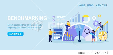 Benchmarking. Compare quality with competitor companies. Performance, quality, cost comparison. Development strategy. People standing near indicator improves company productivity and increases profits 128402711