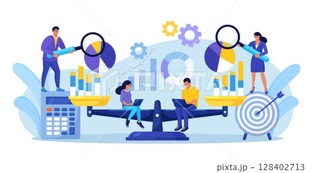 Benchmarking as business compare tool for improvement, progress. People with laptop sits on scale and balances with charts, graphs. Comparison of quality and cost, performance to competitor companies Benchmarking as business compare tool for improvement, progress. People with laptop sits on scale and balances with charts, graphs. Comparison of quality and cost, performance to competitor companies 128402713