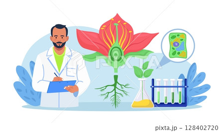 Biology, botany subject. Biologist exploring nature. Scientist make laboratory analysis of life system of plants. Molecular engineering, microbiology. Chemical researcher working with lab equipment Biology, botany subject. Biologist exploring nature. Scientist make laboratory analysis of life system of plants. Molecular engineering, microbiology. Chemical researcher working with lab equipment 128402720